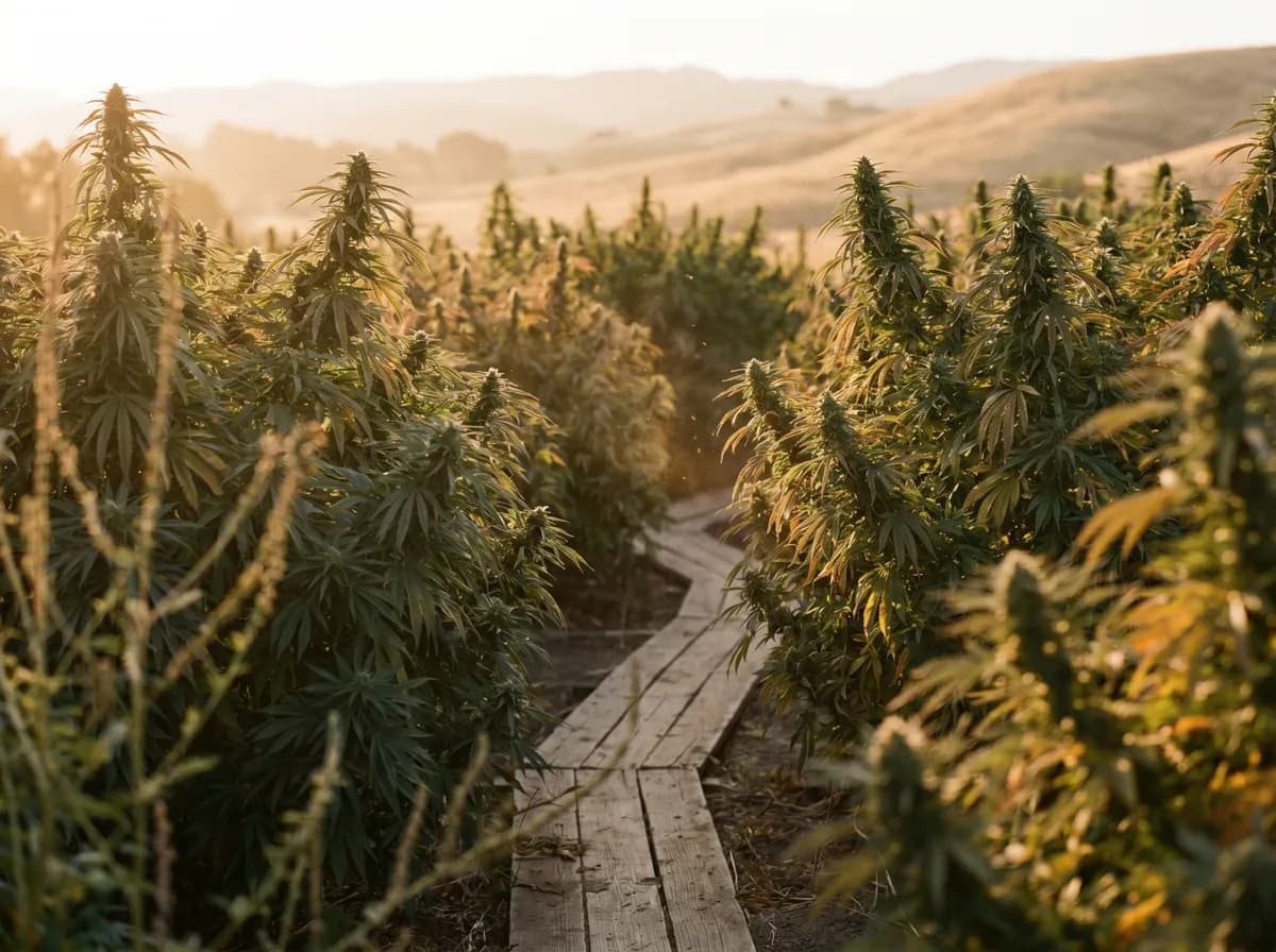 Rows of mature outdoor cannabis plants on a sun-grown farm at golden hour with rolling California hills in the distance.