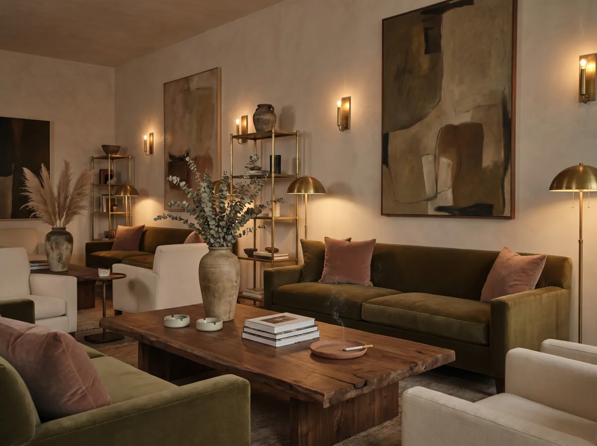 A design-forward members’ lounge interior with deep olive velvet sofas, brass accents, and warm tungsten lighting.