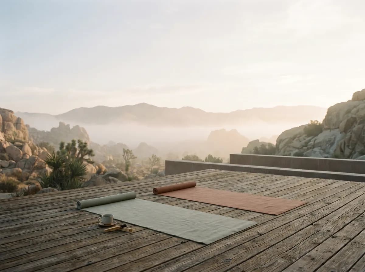 A quiet outdoor yoga deck overlooking a misty desert canyon at sunrise with linen mats and a small ceramic teacup.
