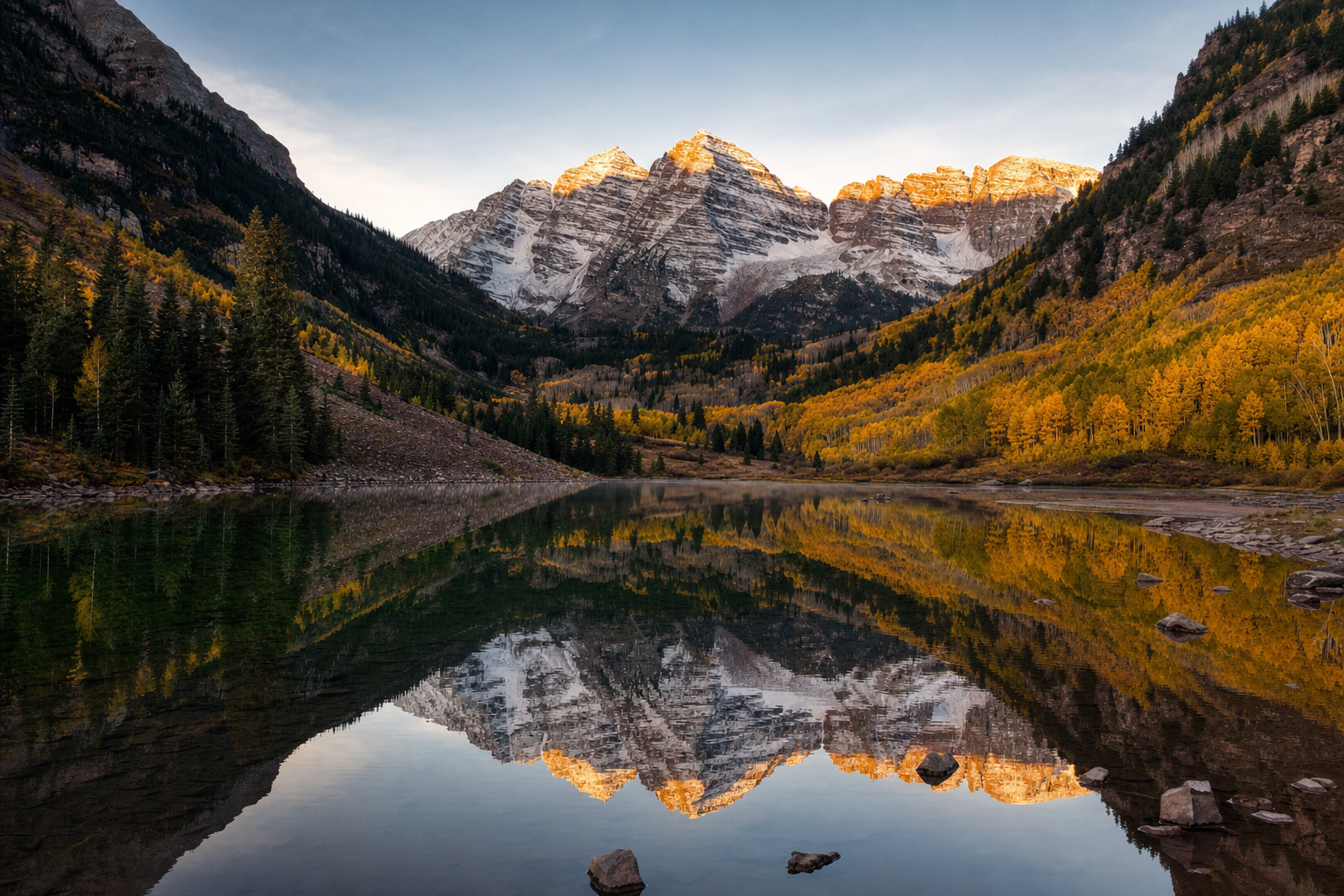 Maroon Bells mountains in autumn with aspen trees reflecting in alpine lake.