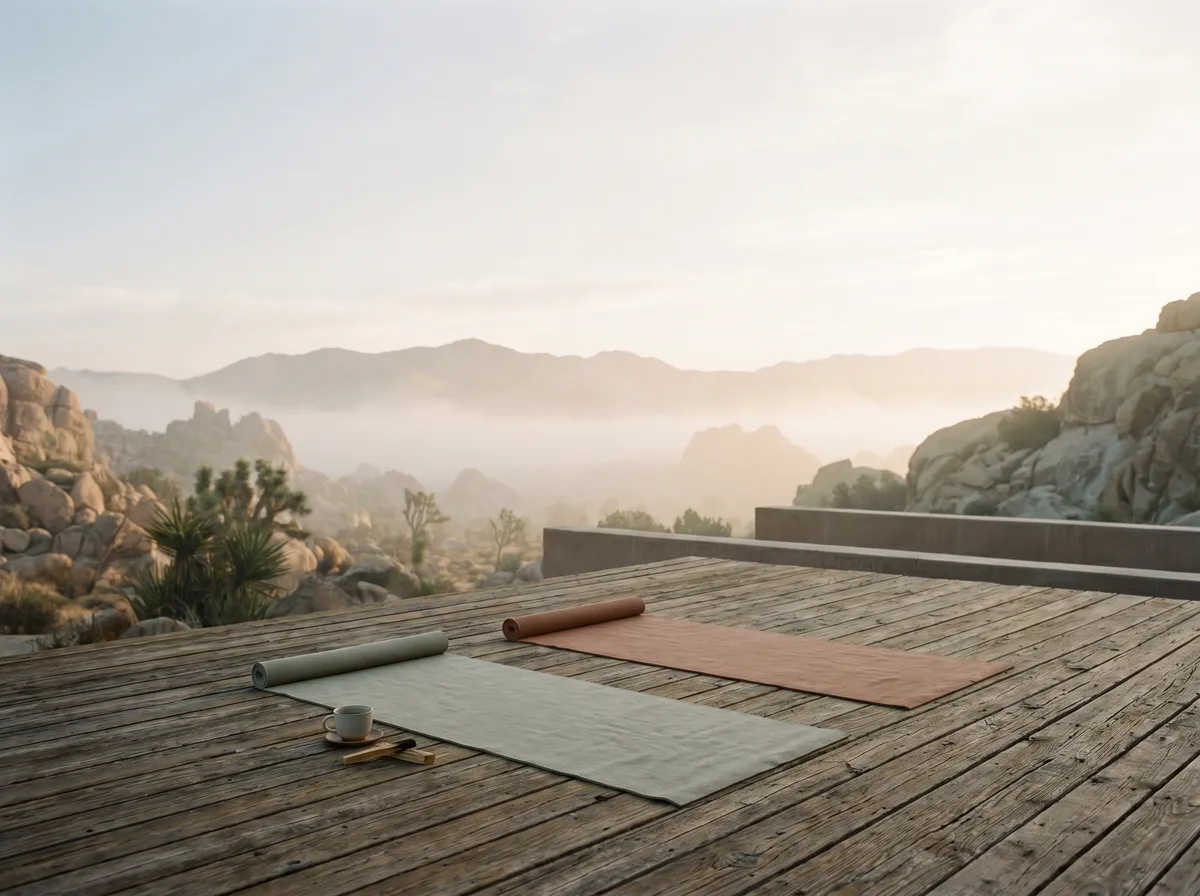 A quiet outdoor yoga deck overlooking a misty desert canyon at sunrise with linen mats and a small ceramic teacup.